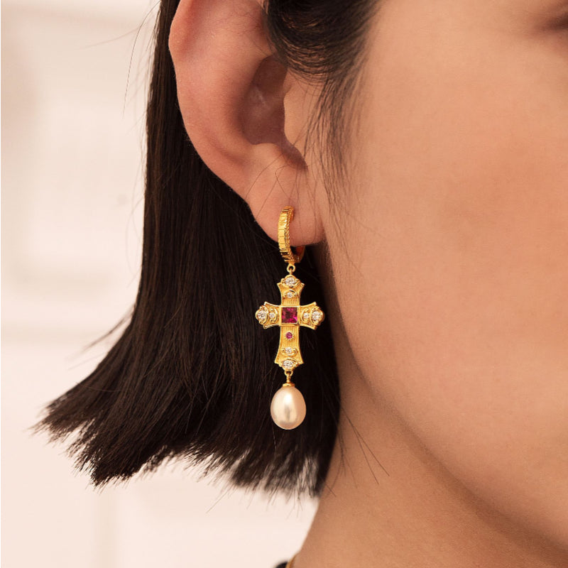 Mass Golden Cross Natural Pearl Earrings